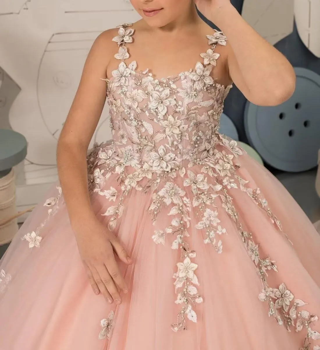 Tulle Flower Girl Dresses for Wedding Floral Appliques Princess Kids Pageant Dress Girls Birthday Party Ball Gown