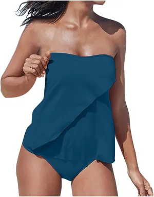 Two Piece Tankini Bathing Suits for Women Tummy Control Swimsuit Bandeau Top Swimwear with Bikini Bottom