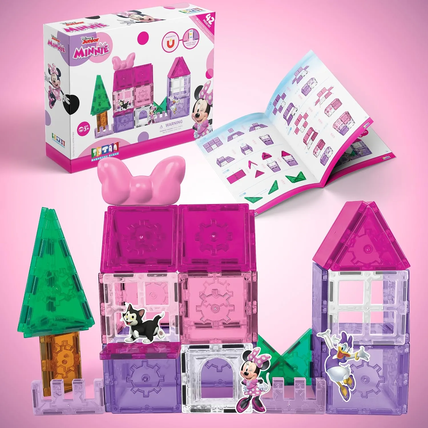 Tytan Official Disney Junior Minnie Mouse Magnetic Tile Set – 42-Piece STEAM Toy Featuring Magnetic Minnie Bow, Vibrant Tiles, Reusable Disney Stickers & More Toys