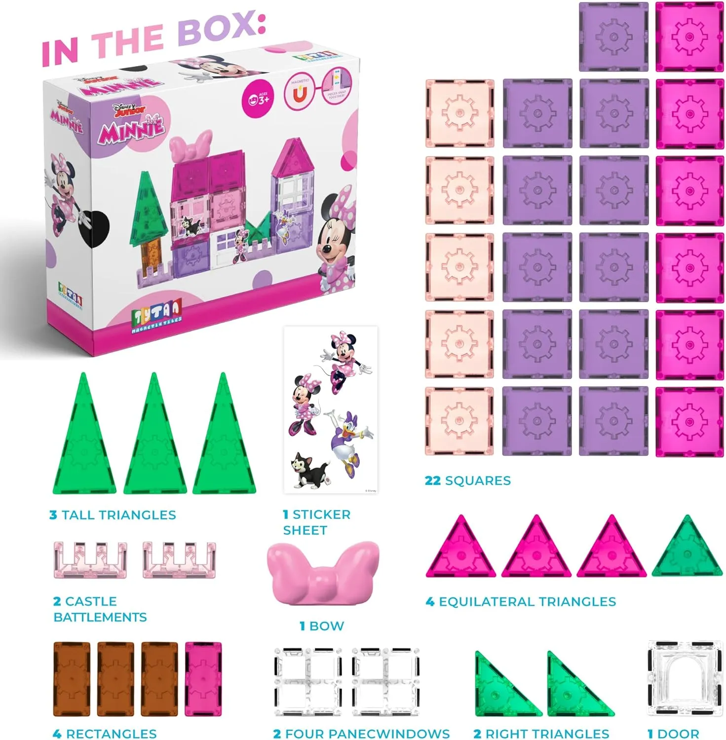 Tytan Official Disney Junior Minnie Mouse Magnetic Tile Set – 42-Piece STEAM Toy Featuring Magnetic Minnie Bow, Vibrant Tiles, Reusable Disney Stickers & More Toys