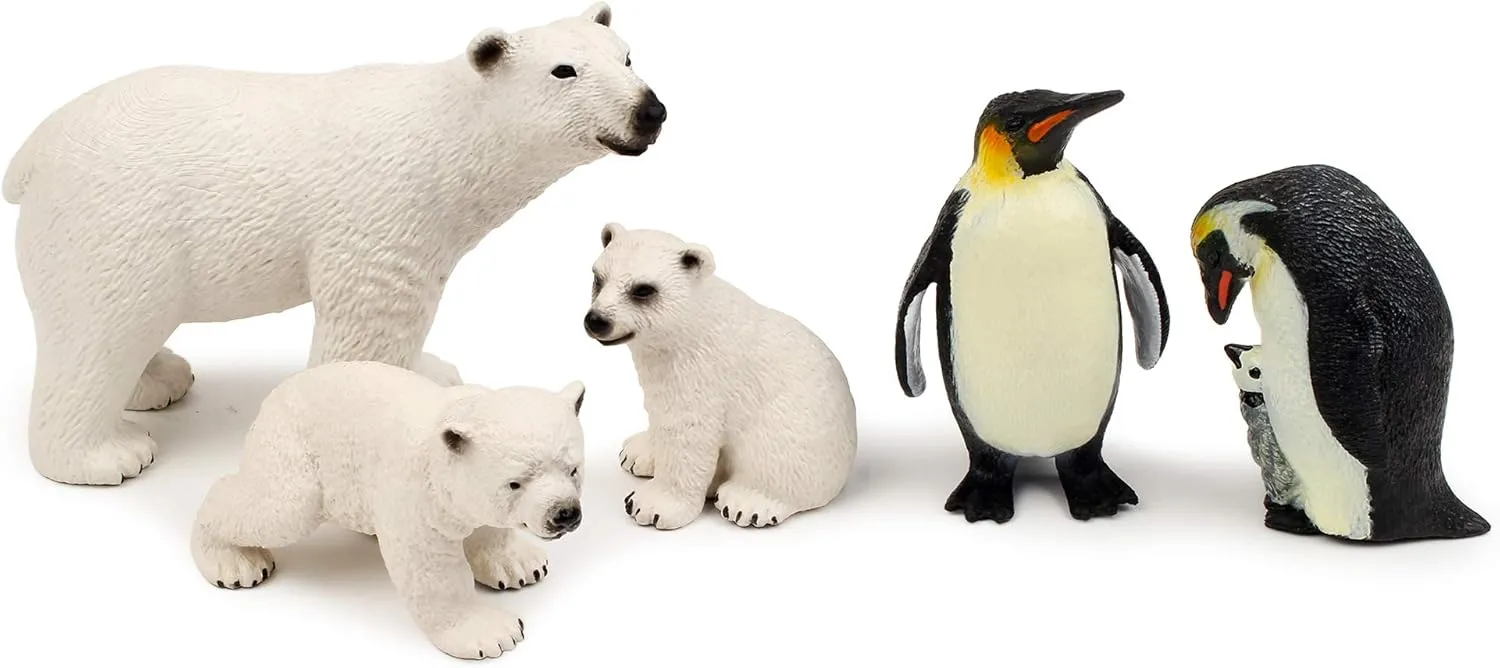 UANDME Polar Animal Toy Figurines Set, Includes Polar Bear Family & Emperor Penguin Family Figures