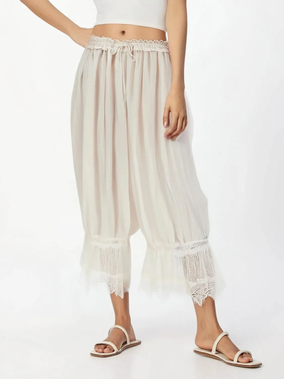 UAURORAO Women Lace Trim Long Bloomers Elastic Mid Rise Ruffle Pantaloons Cropped Flared Slips Pants Pajama Bottoms