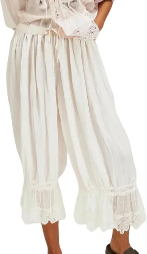 UAURORAO Women Lace Trim Long Bloomers Elastic Mid Rise Ruffle Pantaloons Cropped Flared Slips Pants Pajama Bottoms