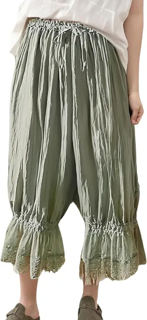 UAURORAO Women Lace Trim Long Bloomers Elastic Mid Rise Ruffle Pantaloons Cropped Flared Slips Pants Pajama Bottoms
