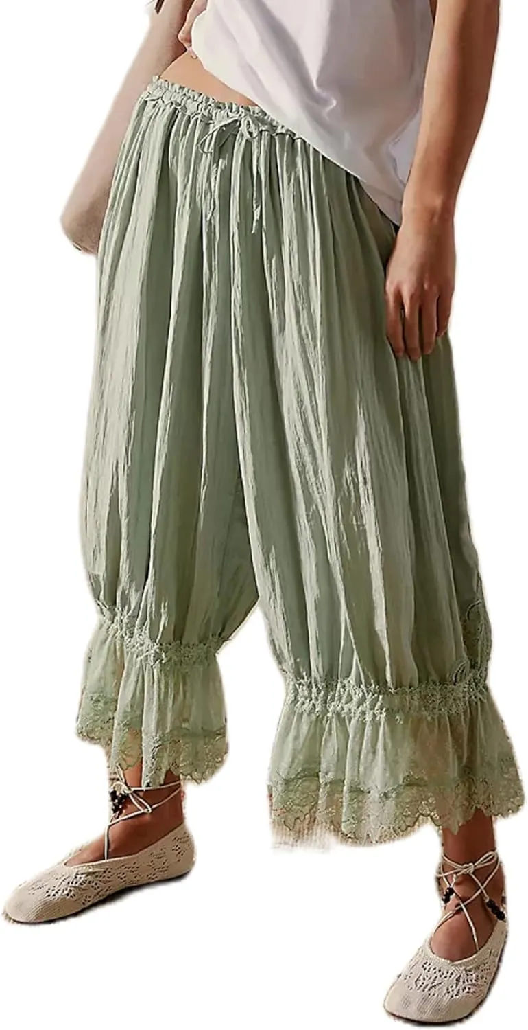 UAURORAO Women Lace Trim Long Bloomers Elastic Mid Rise Ruffle Pantaloons Cropped Flared Slips Pants Pajama Bottoms