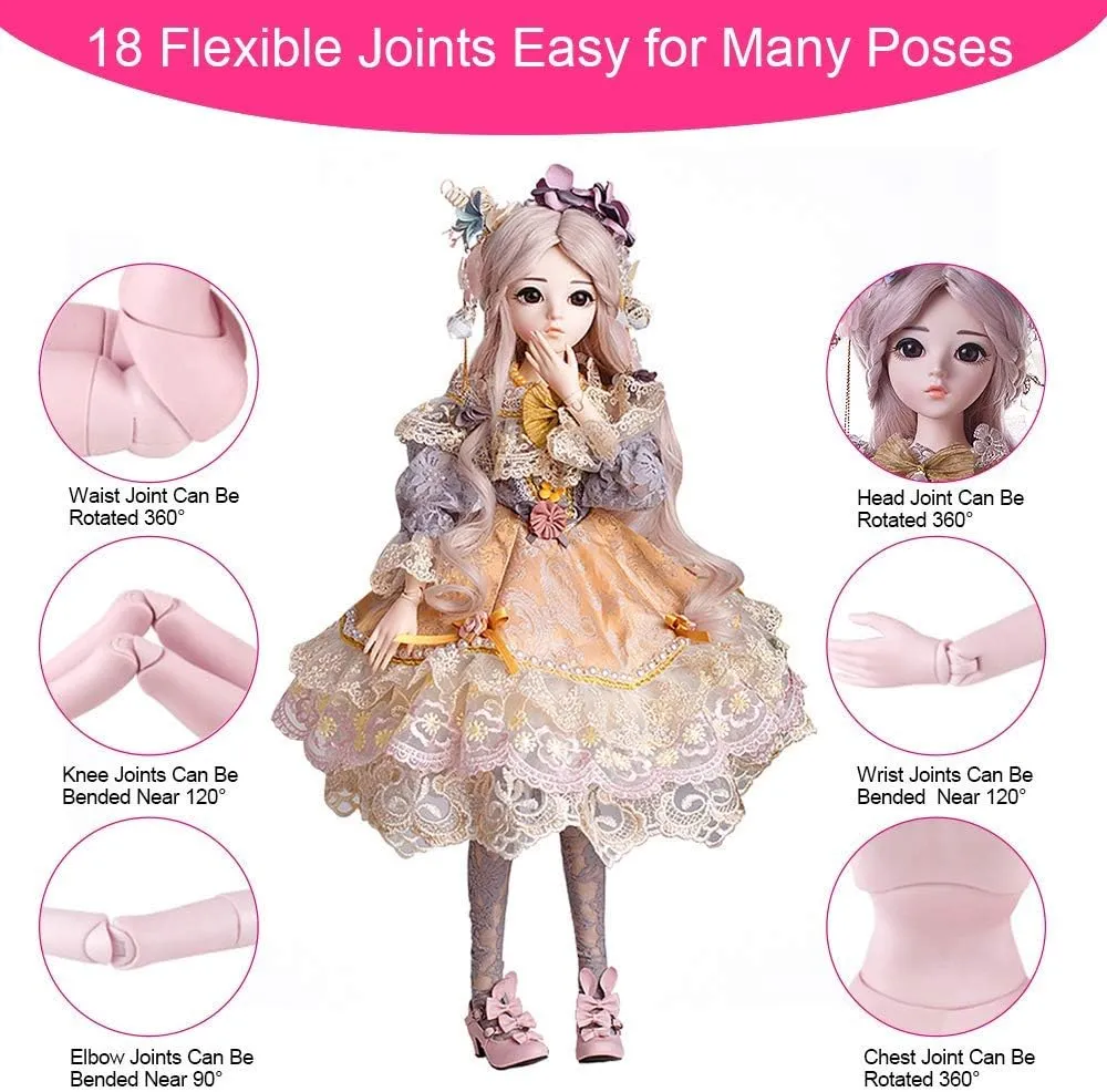 UCanaan BJD Doll, 1/3 SD Dolls 24 Inch 18 Ball Jointed Doll DIY Toys with Clothes Outfit Shoes Wig Hair Makeup, Best Gift for Girls (Carina)