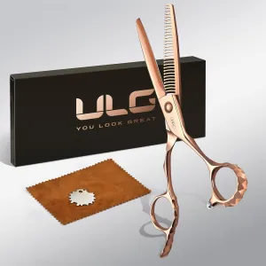 ULG Professional Seamless Hair Thinning Scissors Luxury 18K Rose Gold Coated 6.5" Barber Scissors 440C Japanese Stainless Steel Hand-Honed Convex Blades Offset Handles Tension Adjustable, Right-Handed