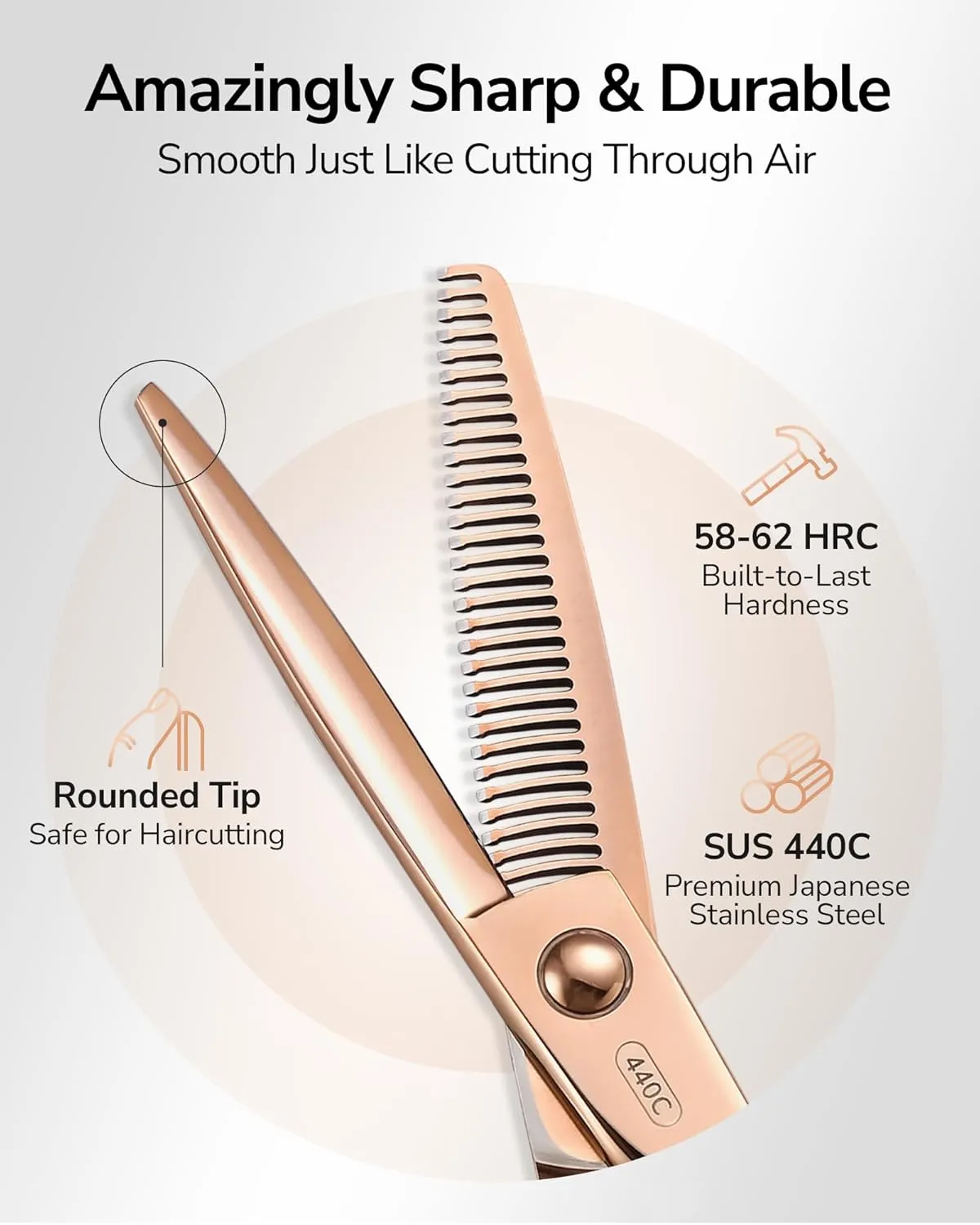 ULG Professional Seamless Hair Thinning Scissors Luxury 18K Rose Gold Coated 6.5" Barber Scissors 440C Japanese Stainless Steel Hand-Honed Convex Blades Offset Handles Tension Adjustable, Right-Handed