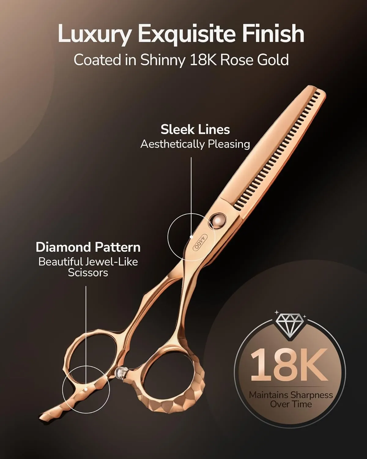 ULG Professional Seamless Hair Thinning Scissors Luxury 18K Rose Gold Coated 6.5" Barber Scissors 440C Japanese Stainless Steel Hand-Honed Convex Blades Offset Handles Tension Adjustable, Right-Handed