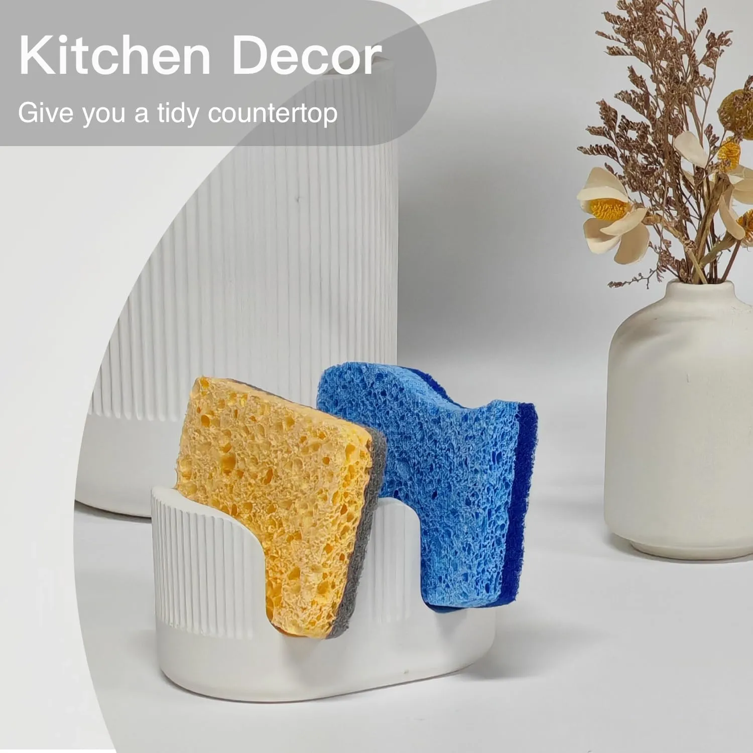 Ultra Absorbent Stone Sponge Holder for Kitchen Sink, 2 Slot Diatomite Dish Brush Sponge Holder, Diatomite Stone Sink Tray, Rustproof Sinks Caddy for Countertop, Double, White