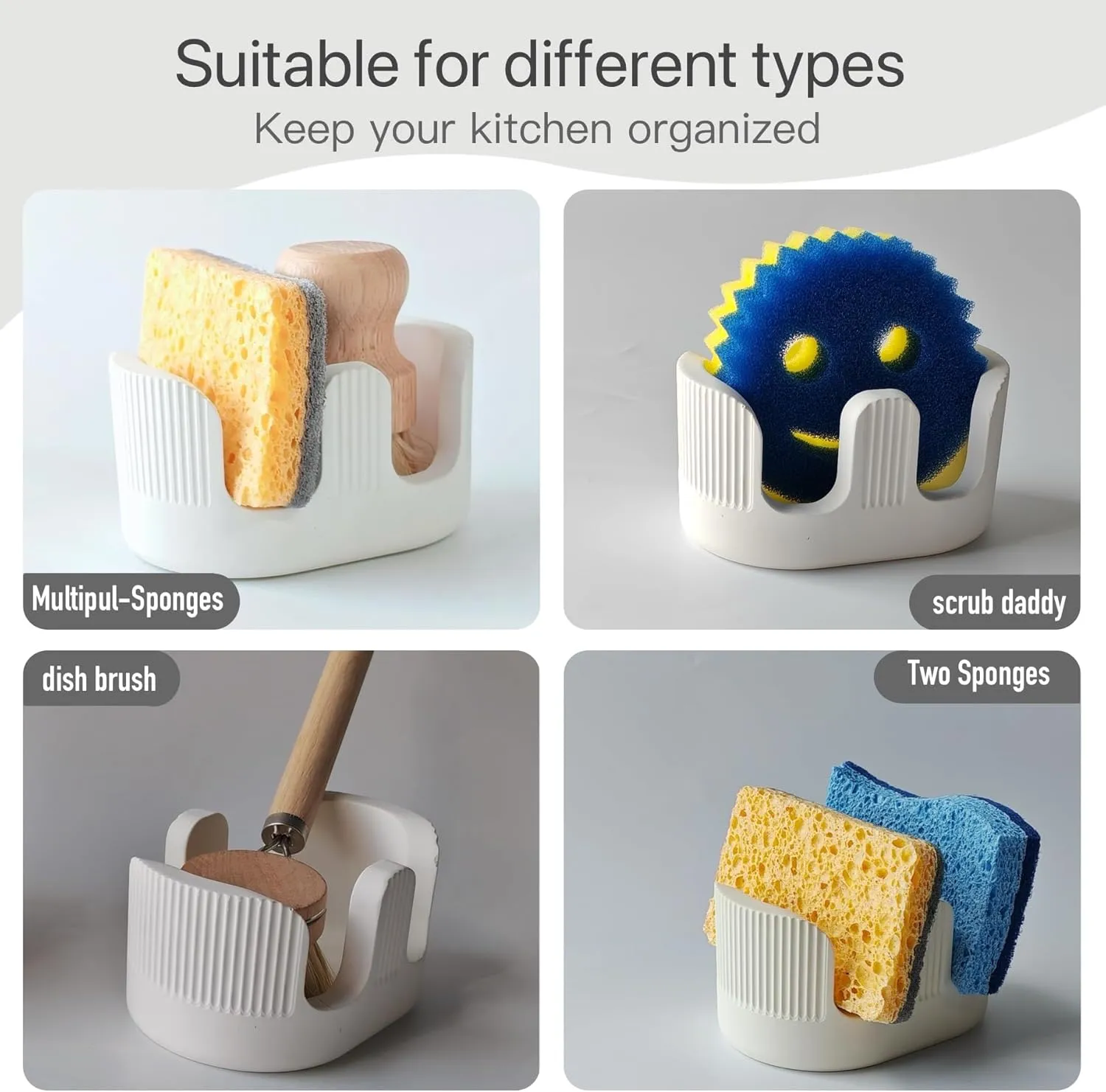 Ultra Absorbent Stone Sponge Holder for Kitchen Sink, 2 Slot Diatomite Dish Brush Sponge Holder, Diatomite Stone Sink Tray, Rustproof Sinks Caddy for Countertop, Double, White