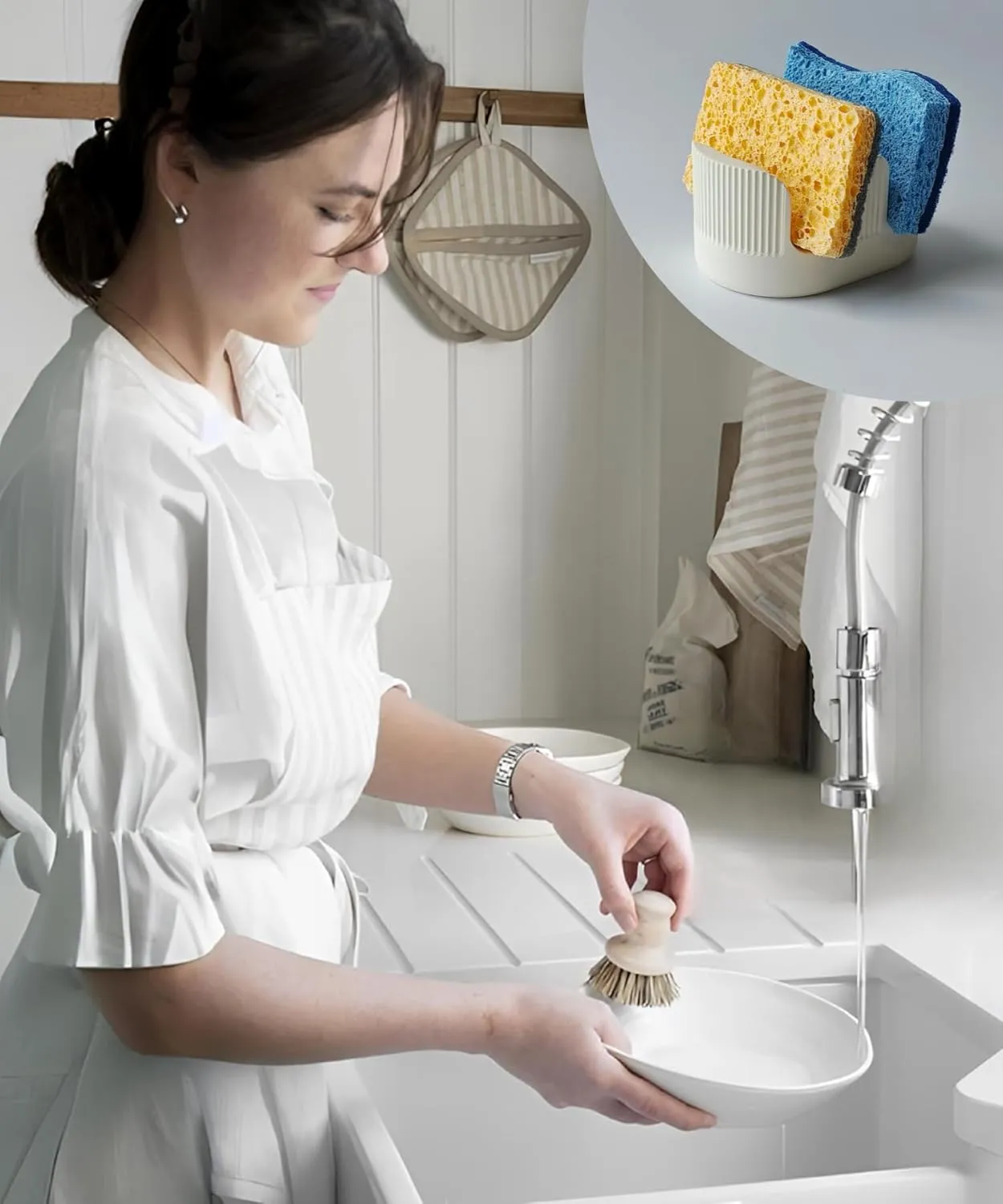 Ultra Absorbent Stone Sponge Holder for Kitchen Sink, 2 Slot Diatomite Dish Brush Sponge Holder, Diatomite Stone Sink Tray, Rustproof Sinks Caddy for Countertop, Double, White