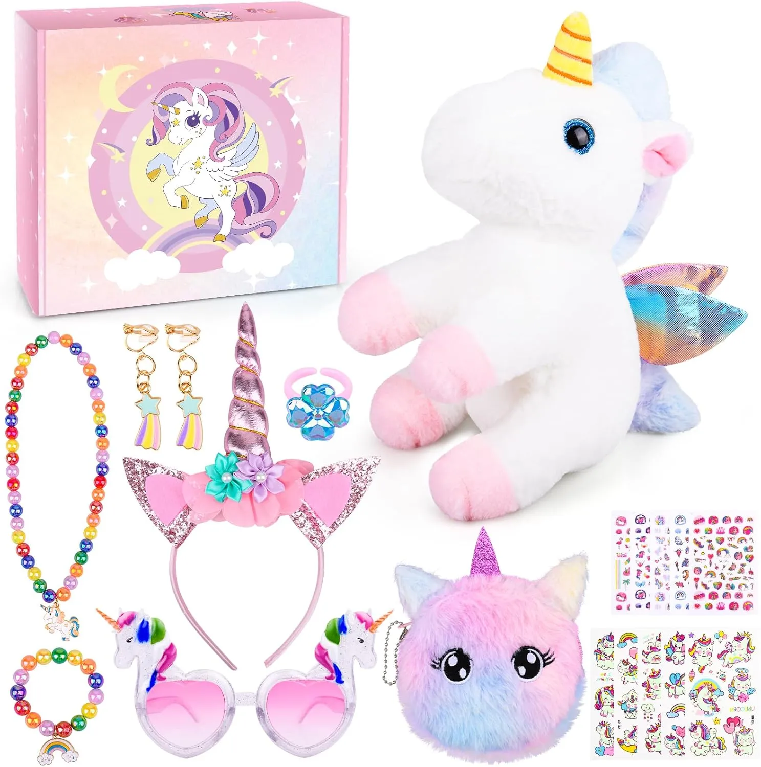 Unicorn Plush Toys Kit Girls Gift for Girls Stuffed Animal Toy/Purse/Ring/Glasses/Necklace/Bracelet/Decal/Earrings/Tiara Fun and Engaging Christmas Birthday Gifts Idea for Girls Toys Age 5 6 7 8 9 10