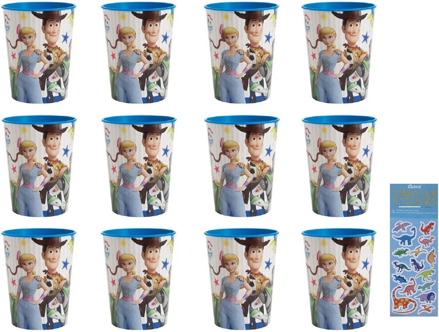 Unique Toy Story 4 Movie Plastic Reusable Cups 16oz - 12 Plastic Cups and 1 Dinosaur Sticker Sheet