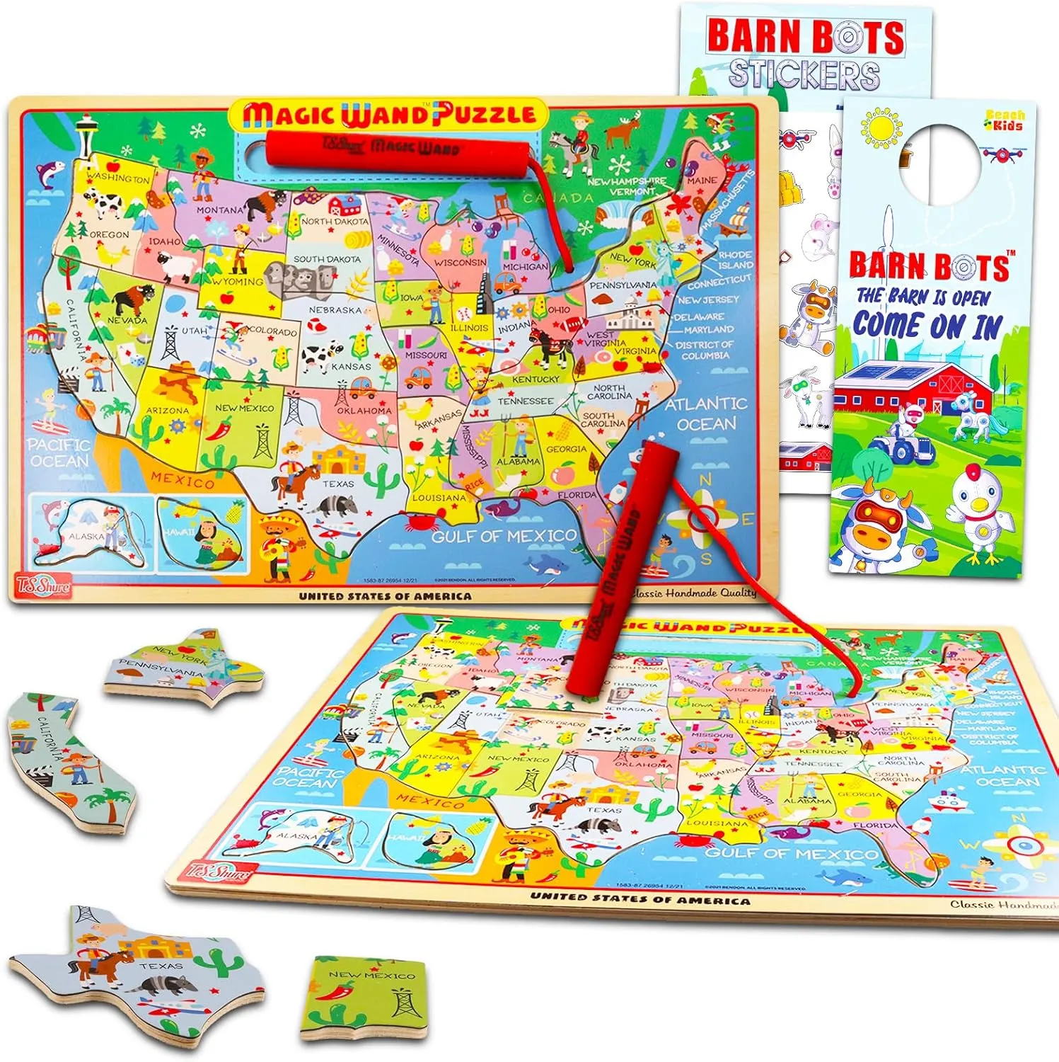 USA Magnetic Wand Map Puzzle - Wood Toy Bundle with United States Jigsaw for Boys and Girls Plus Stickers, More