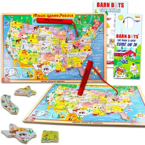 USA Magnetic Wand Map Puzzle - Wood Toy Bundle with United States Jigsaw for Boys and Girls Plus Stickers, More