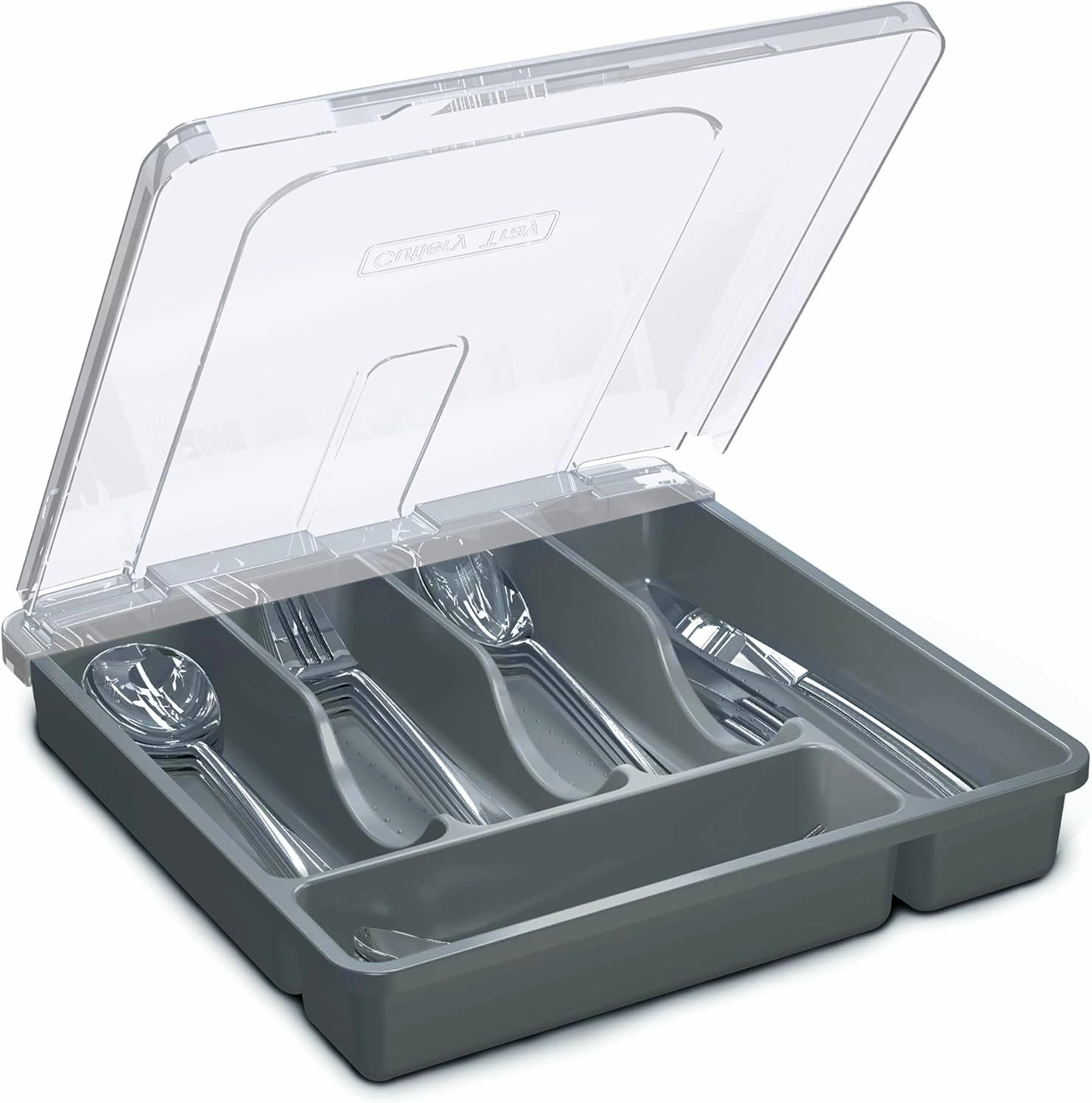 Utensil Holder for Countertop with Lid, Plastic Silverware Tray for Drawer (Gark Gray)