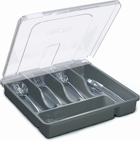 Utensil Holder for Countertop with Lid, Plastic Silverware Tray for Drawer (Gark Gray)