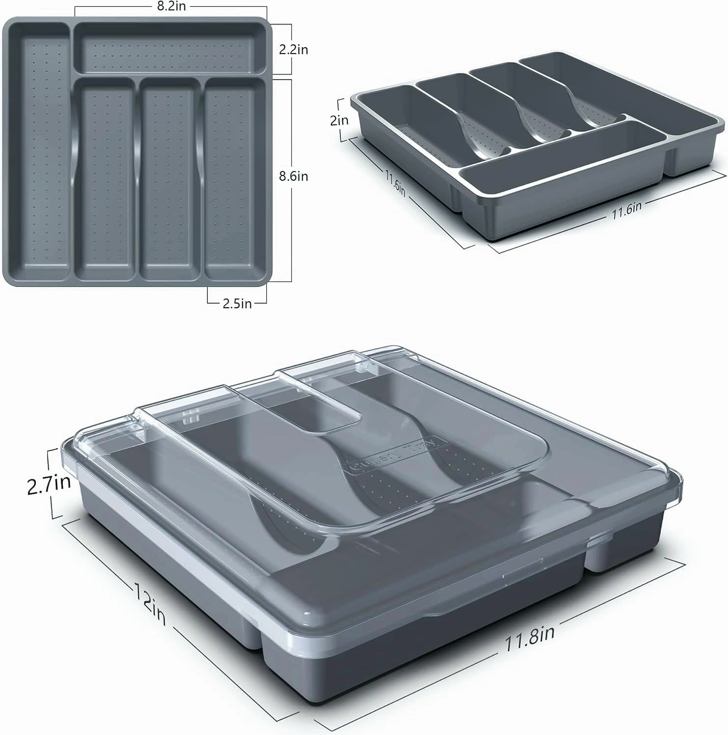 Utensil Holder for Countertop with Lid, Plastic Silverware Tray for Drawer (Gark Gray)