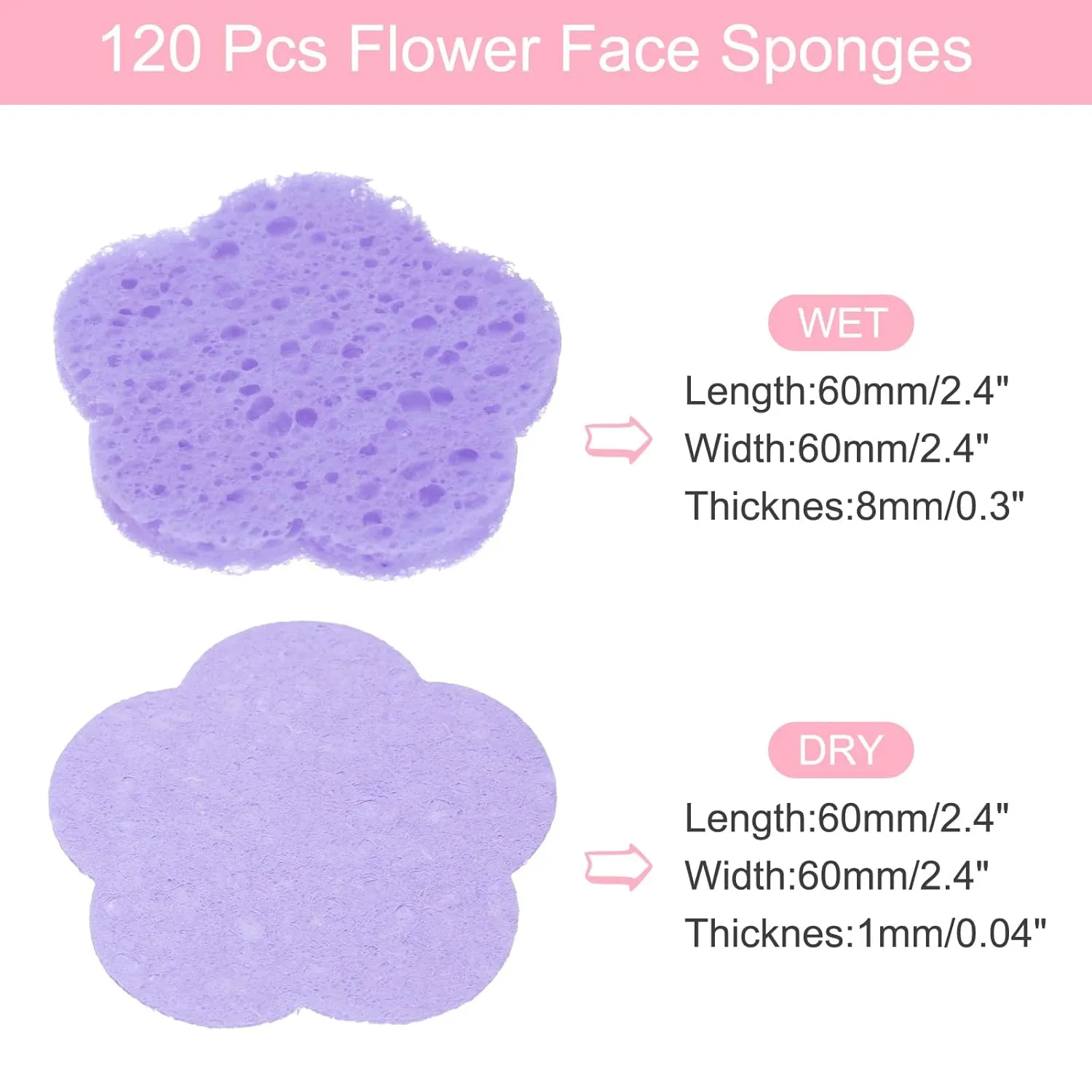 uxcell 120 Count Compressed Facial Sponges Flower Face Cleansing Sponges Pads for Daily Skincare Routines at Home, Kitchen, Travel, Light Purple