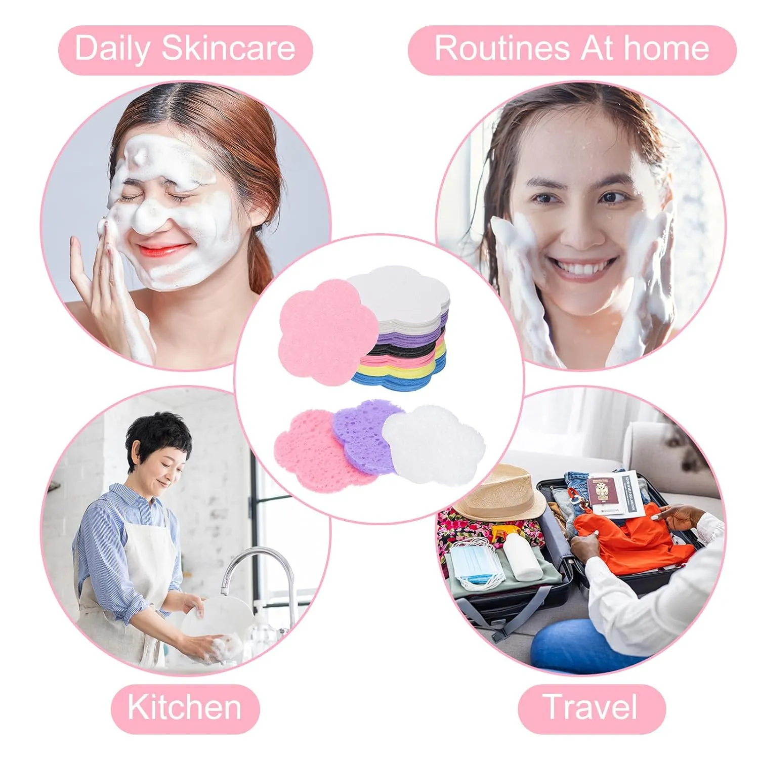 uxcell 120 Count Compressed Facial Sponges Flower Face Cleansing Sponges Pads for Daily Skincare Routines at Home, Kitchen, Travel, Light Purple