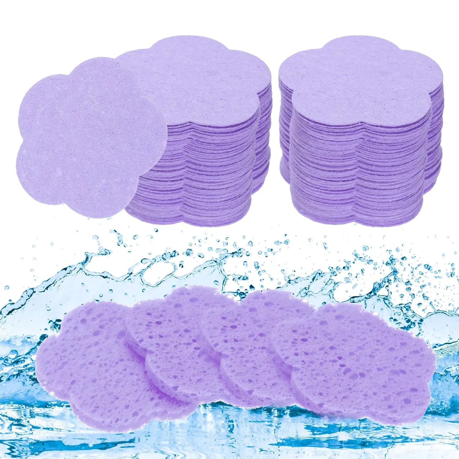 uxcell 120 Count Compressed Facial Sponges Flower Face Cleansing Sponges Pads for Daily Skincare Routines at Home, Kitchen, Travel, Light Purple
