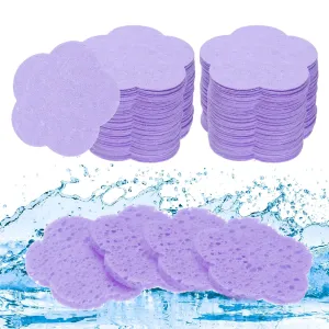 uxcell 120 Count Compressed Facial Sponges Flower Face Cleansing Sponges Pads for Daily Skincare Routines at Home, Kitchen, Travel, Light Purple