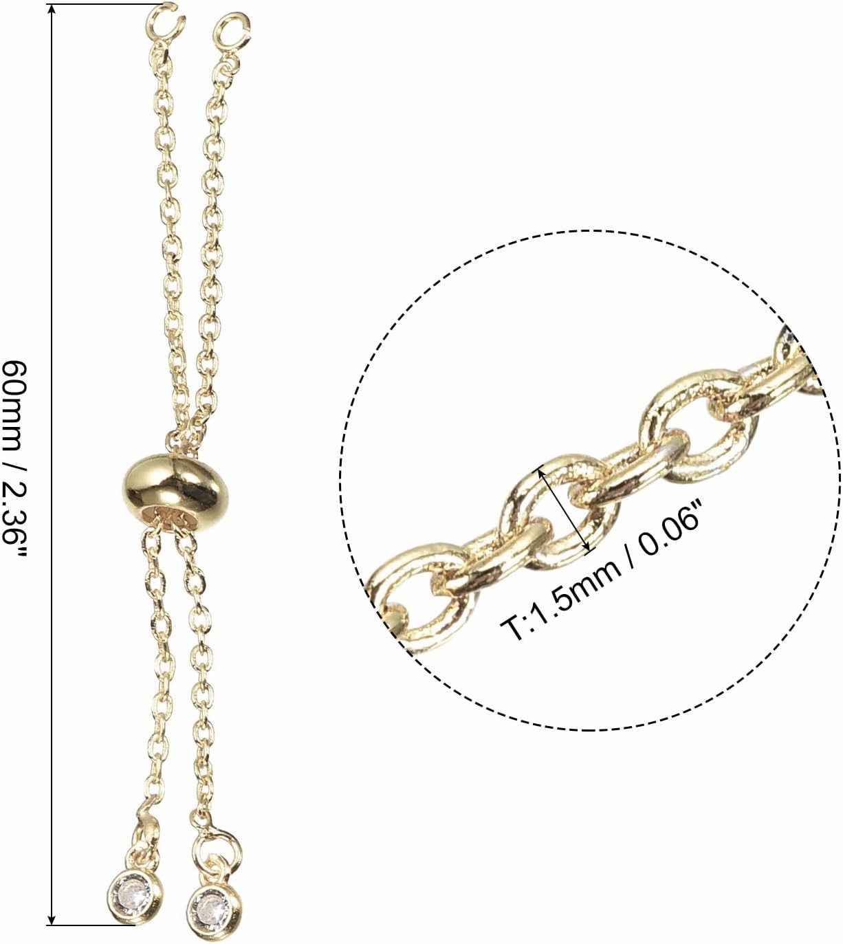uxcell Adjustable Slider Bracelets, 6Pcs O Link Extender Connecting Chains with Rhinestone Ends for DIY Jewelry Making (Light Golden)