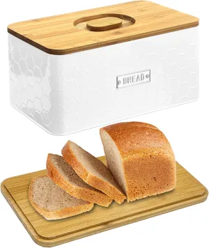 vensovo White Bread Box with Bamboo Cutting Board Lid – Metal Bread Bin for Homemade Bread, Baked Goods & Kitchen Countertop Storage