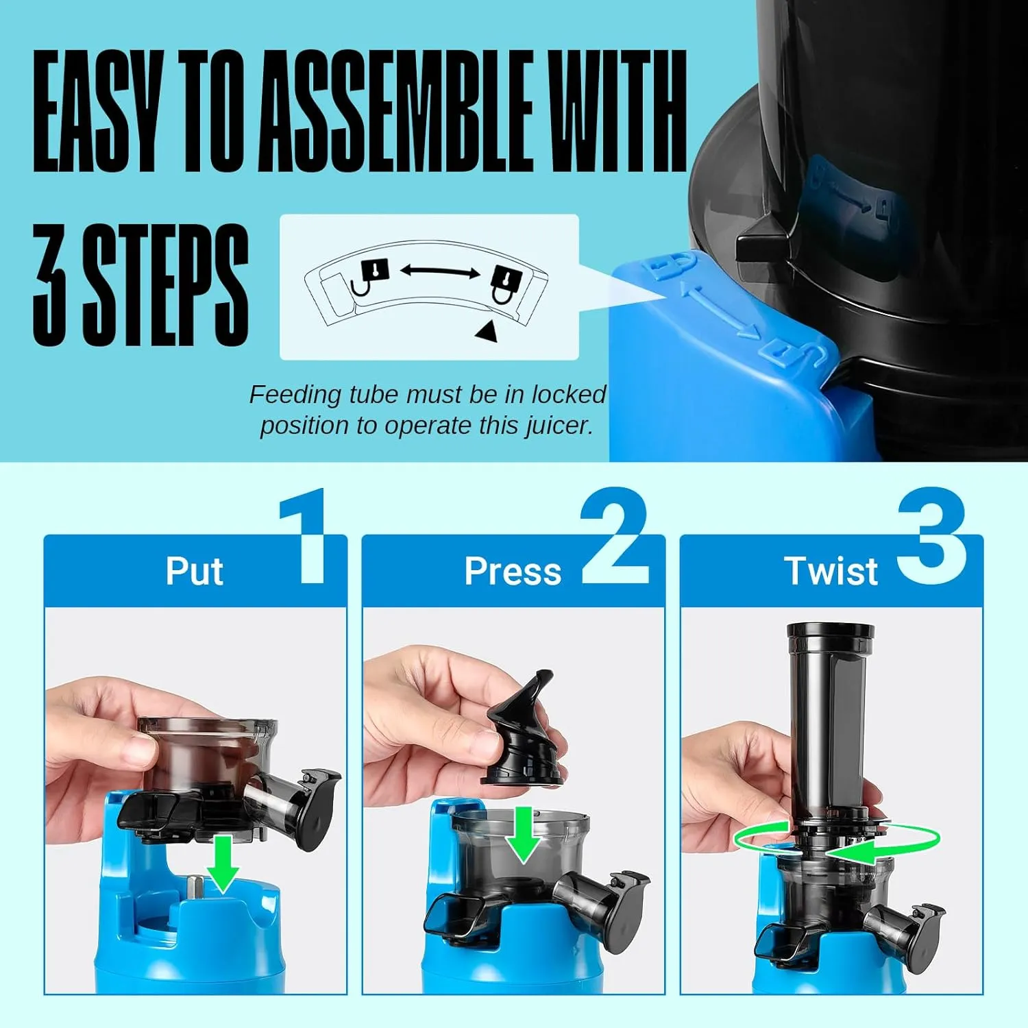 Ventray Ginnie Mini Cold Press Juicer, Small Slow Masticating Juicer for Vegetables and Fruits, High Juice Yield, Easy to Clean, Space-Saving, Fit for Personal/Travel/Picnic/Office - Blue