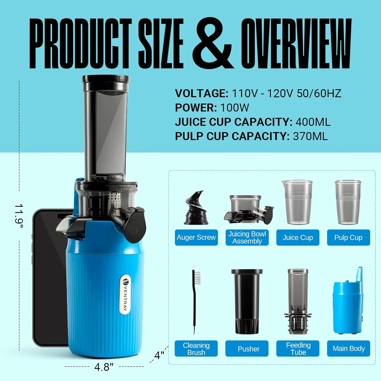Ventray Ginnie Mini Cold Press Juicer, Small Slow Masticating Juicer for Vegetables and Fruits, High Juice Yield, Easy to Clean, Space-Saving, Fit for Personal/Travel/Picnic/Office - Blue