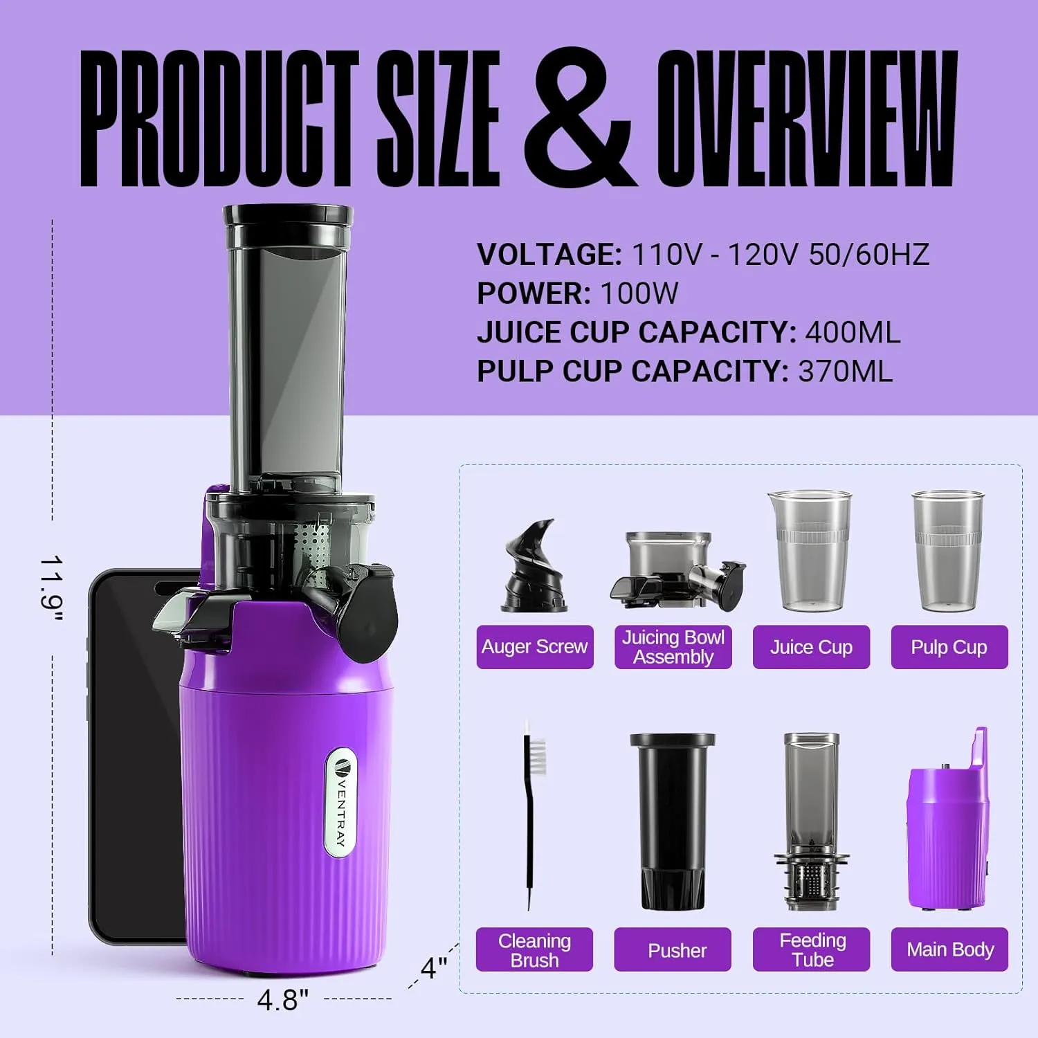 Ventray Ginnie Mini Cold Press Juicer, Small Slow Masticating Juicer for Vegetables and Fruits, High Juice Yield, Easy to Clean, Space-Saving, Fit for Personal/Travel/Picnic/Office - Purple