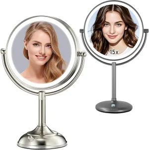 VESAUR 10" Extra Large 17" Tall Lighted Makeup Mirror, 1X/5X Undistorted Magnifying Vanity Mirror with 3 Colors and 1x15x Lighted Makeup Mirror,9" Large 5000mAh Rechargeable Magnifying Mirror