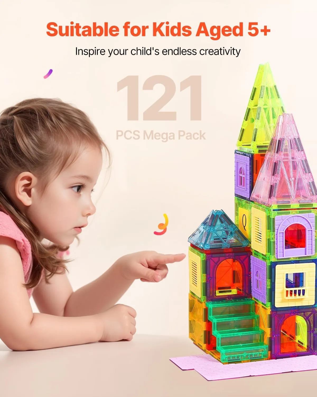 VEVOR Magnetic Tiles, 121 PCS Magnetic Building Blocks for Kids, Magnet Building Set with 2 Car Bases & 26 Digital Cards, STEM Educational Construction Stacking Toys for Toddlers Boys Girls Aged 3