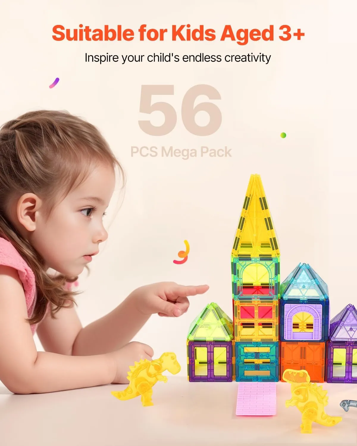 VEVOR Magnetic Tiles, 56 PCS Magnetic Animals Building Blocks for Kids, Magnet Building Set with 4 Dinosaurs, STEM Sensory Educational Construction Stacking Toys Gift for Toddlers Boys Girls Aged 3 