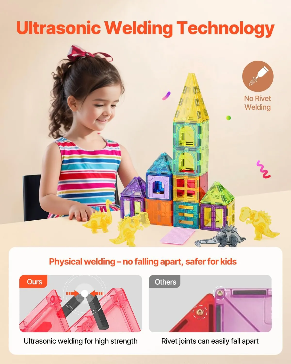 VEVOR Magnetic Tiles, 56 PCS Magnetic Animals Building Blocks for Kids, Magnet Building Set with 4 Dinosaurs, STEM Sensory Educational Construction Stacking Toys Gift for Toddlers Boys Girls Aged 3 