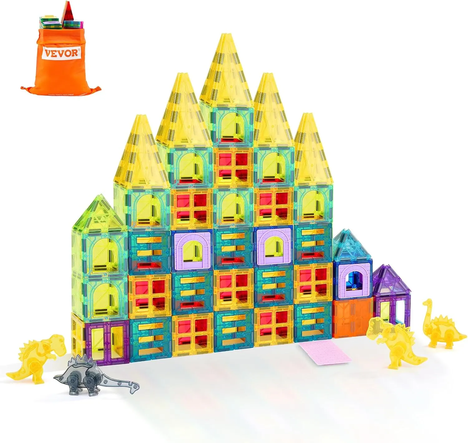 VEVOR Magnetic Tiles, 56 PCS Magnetic Animals Building Blocks for Kids, Magnet Building Set with 4 Dinosaurs, STEM Sensory Educational Construction Stacking Toys Gift for Toddlers Boys Girls Aged 3 