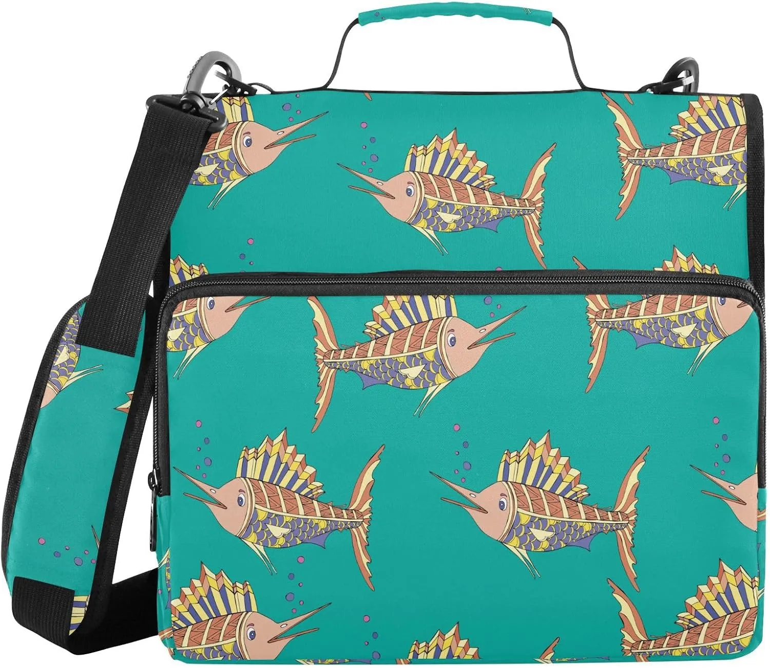 VIGTRO Abstract Swordfish Pattern 1.5 Inch 3 Ring Case Zipper Binder Organizer Bag with Shoulder Strap and Handle Multi-Pocket File Folder for Office Supplies