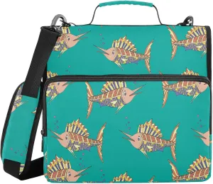 VIGTRO Abstract Swordfish Pattern 1.5 Inch 3 Ring Case Zipper Binder Organizer Bag with Shoulder Strap and Handle Multi-Pocket File Folder for Office Supplies