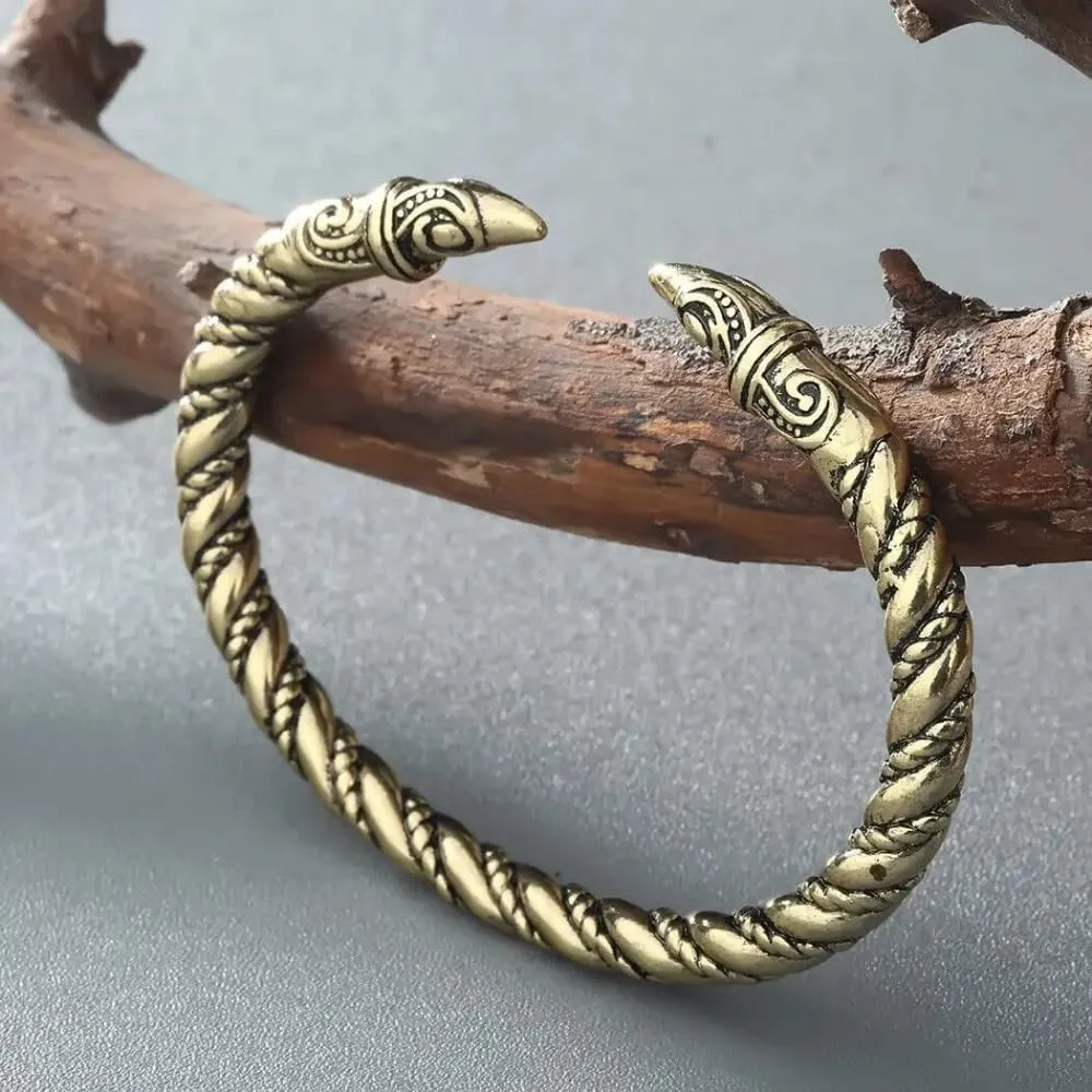 Vintage Viking Odin's Raven Heads Ragnar Norse Torc Jewelry Pagan Cuff Bracelet Bangle