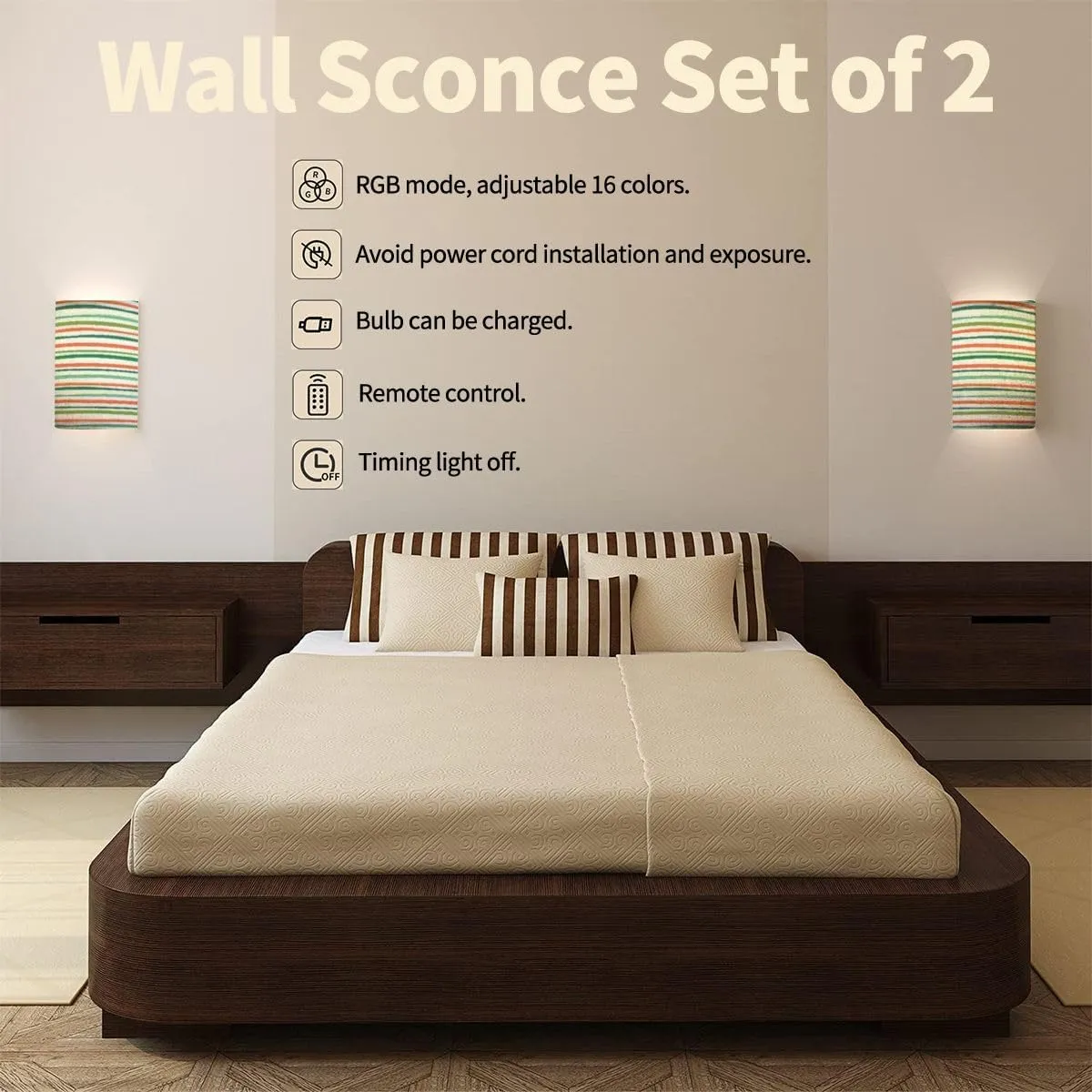 Wall Sconces Set of Two Battery Operated Christmas stripe pattern background border Festive seamless repeat Wireless Plug in Wall Lights Fixtures Remote Dimmable for Bedroom Living Room Hallway