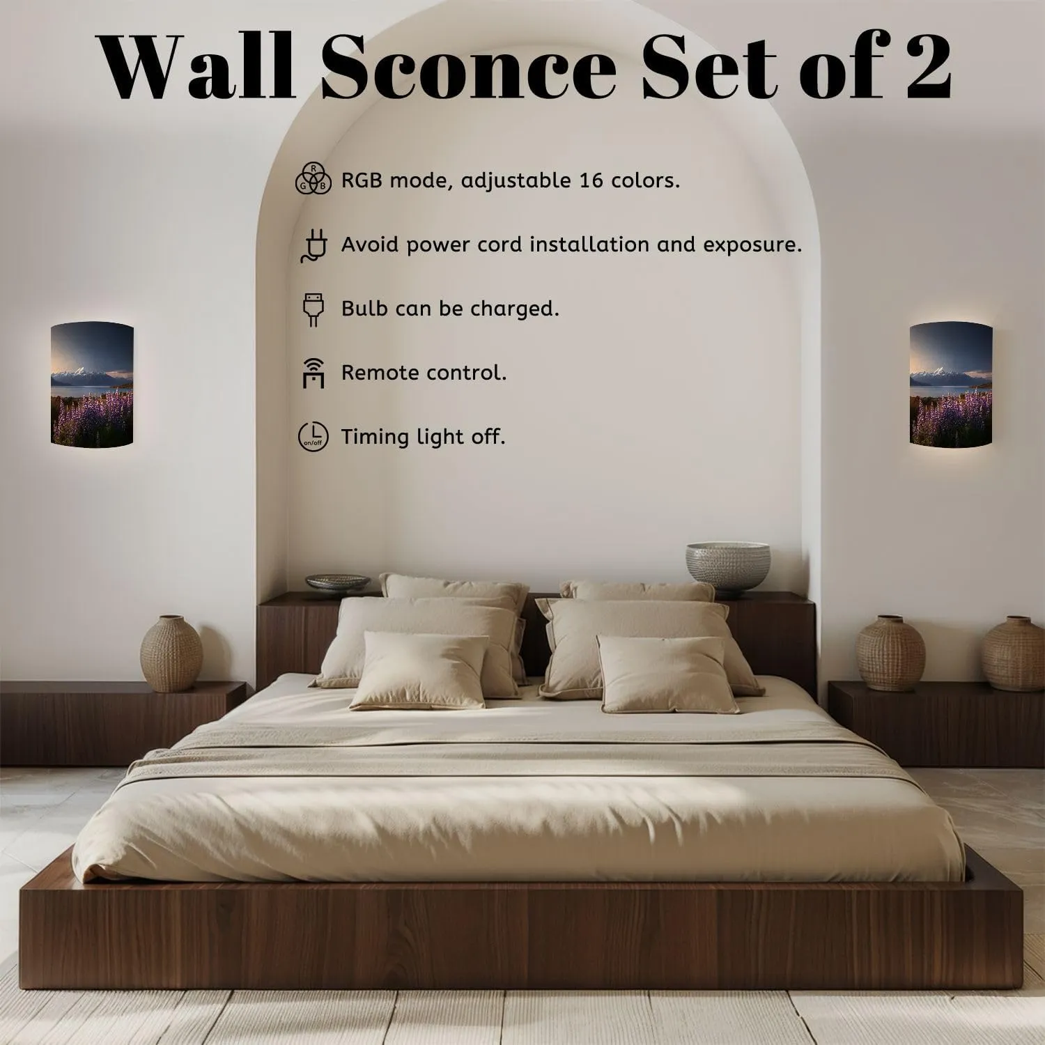 Wall Sconces Set of Two Battery Operated Sunset Wild lupines Mt Cook New Zealand Plug in Wall Lights Fixtures Remote Dimmable for Bedroom Living Room Hallway