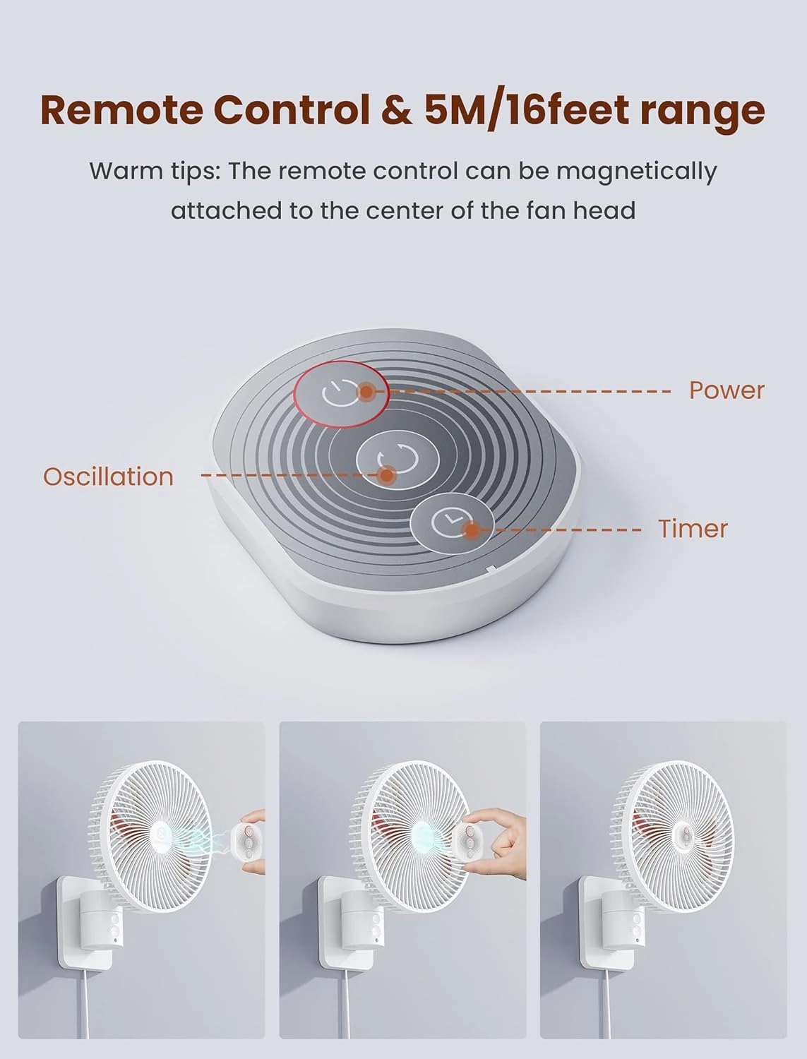 Wall Mount Oscillating Small Fan with Remote,8.5 Inch Bedroom RV Fans,4 Speeds,Timer, Quiet Wall Mounted Fan with 5.92 ft Cord, 90°Oscillating, 120° Adjustable Tilt, for Bathroom, Kitchen, Base,Corner