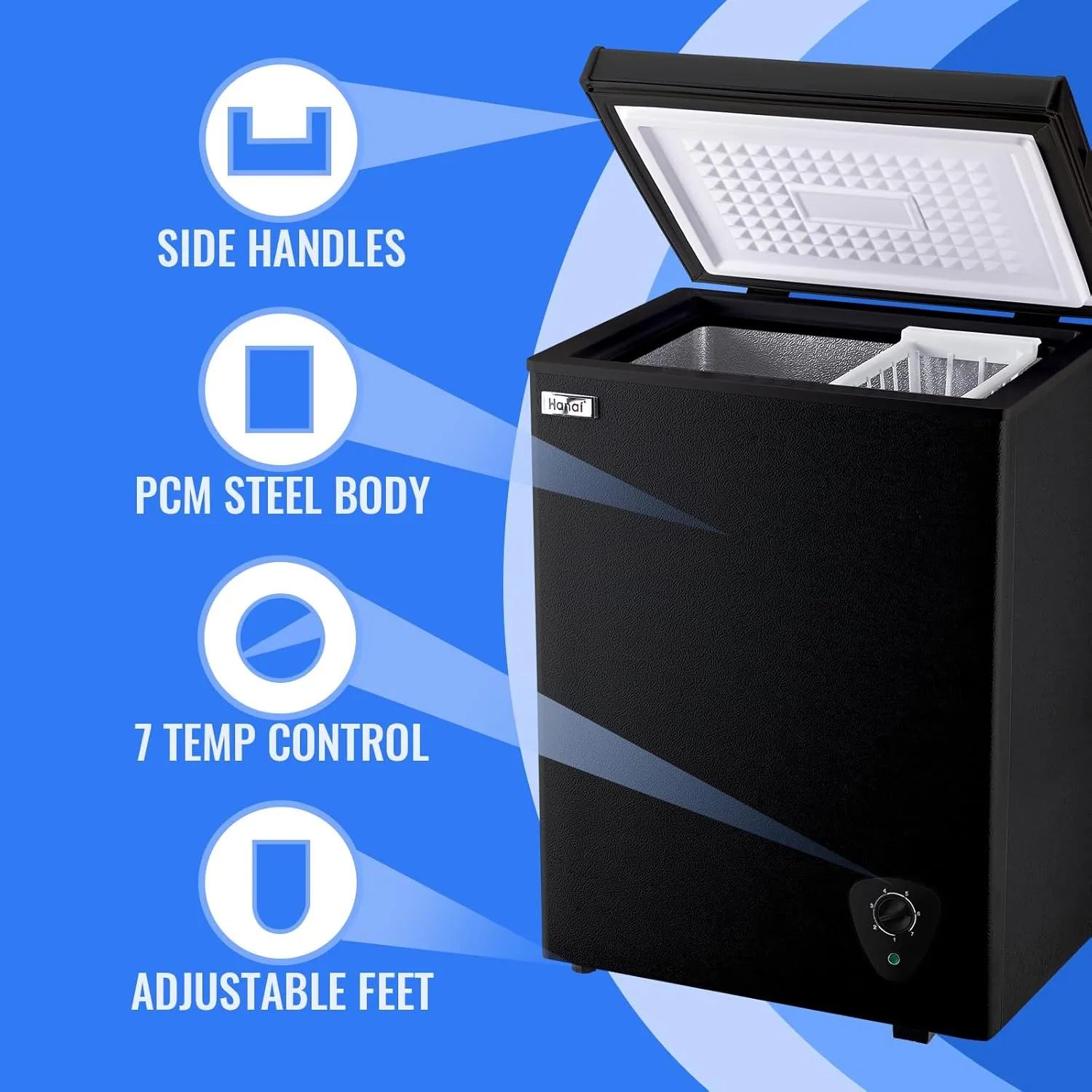 WANAI Deep Freezer Black Small Chest Freezers with Storage Basket Top Open Door Mini Compact Freezer 7 Temperature Control for Home Garage Apartment Kitchen Office