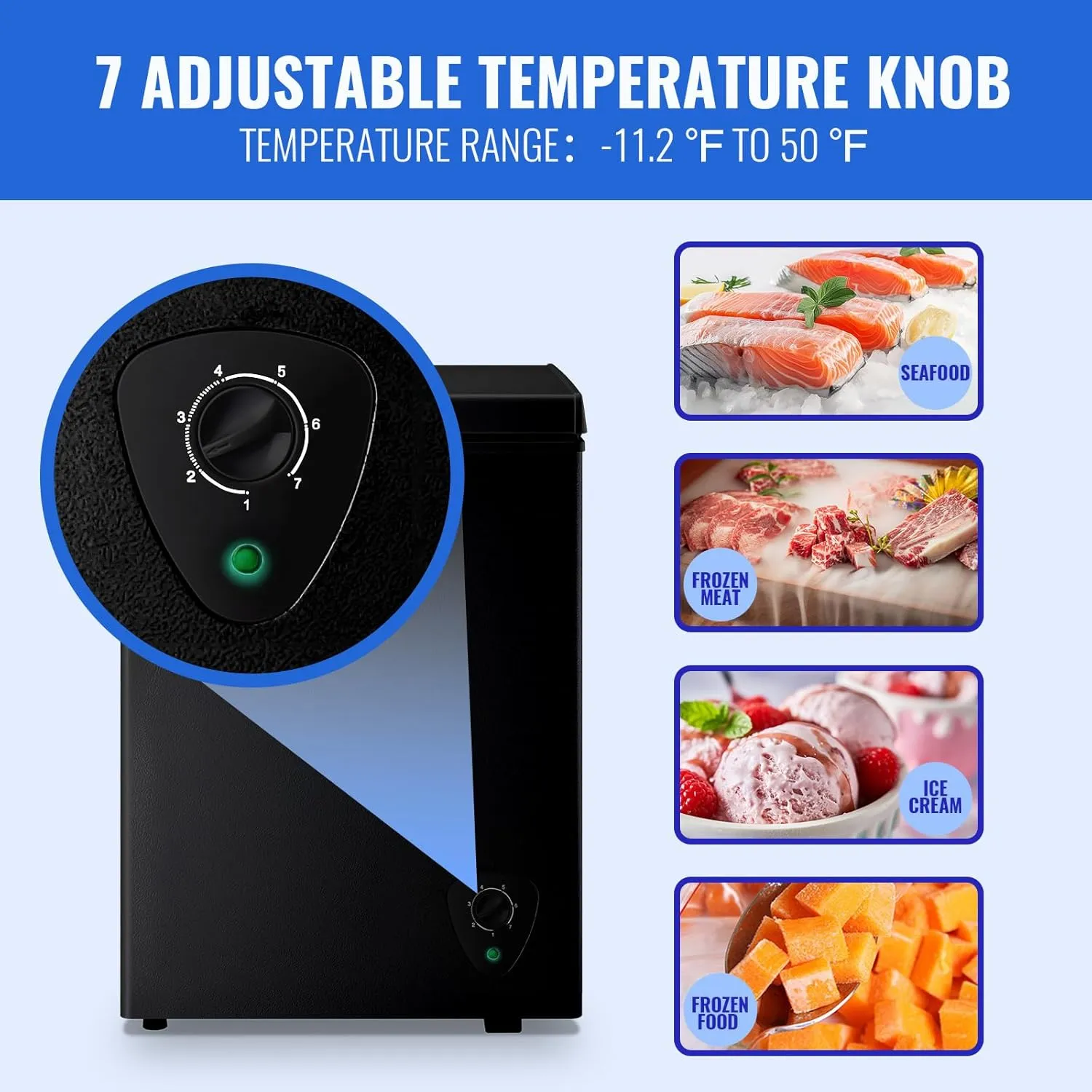 WANAI Deep Freezer Black Small Chest Freezers with Storage Basket Top Open Door Mini Compact Freezer 7 Temperature Control for Home Garage Apartment Kitchen Office