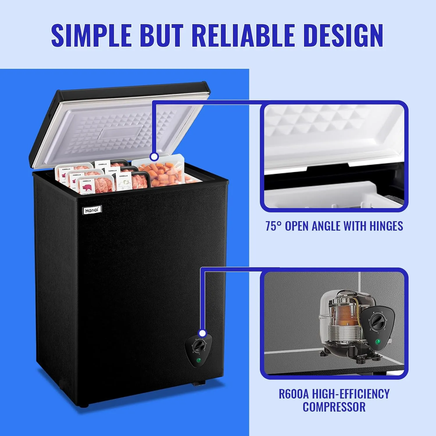 WANAI Deep Freezer Black Small Chest Freezers with Storage Basket Top Open Door Mini Compact Freezer 7 Temperature Control for Home Garage Apartment Kitchen Office