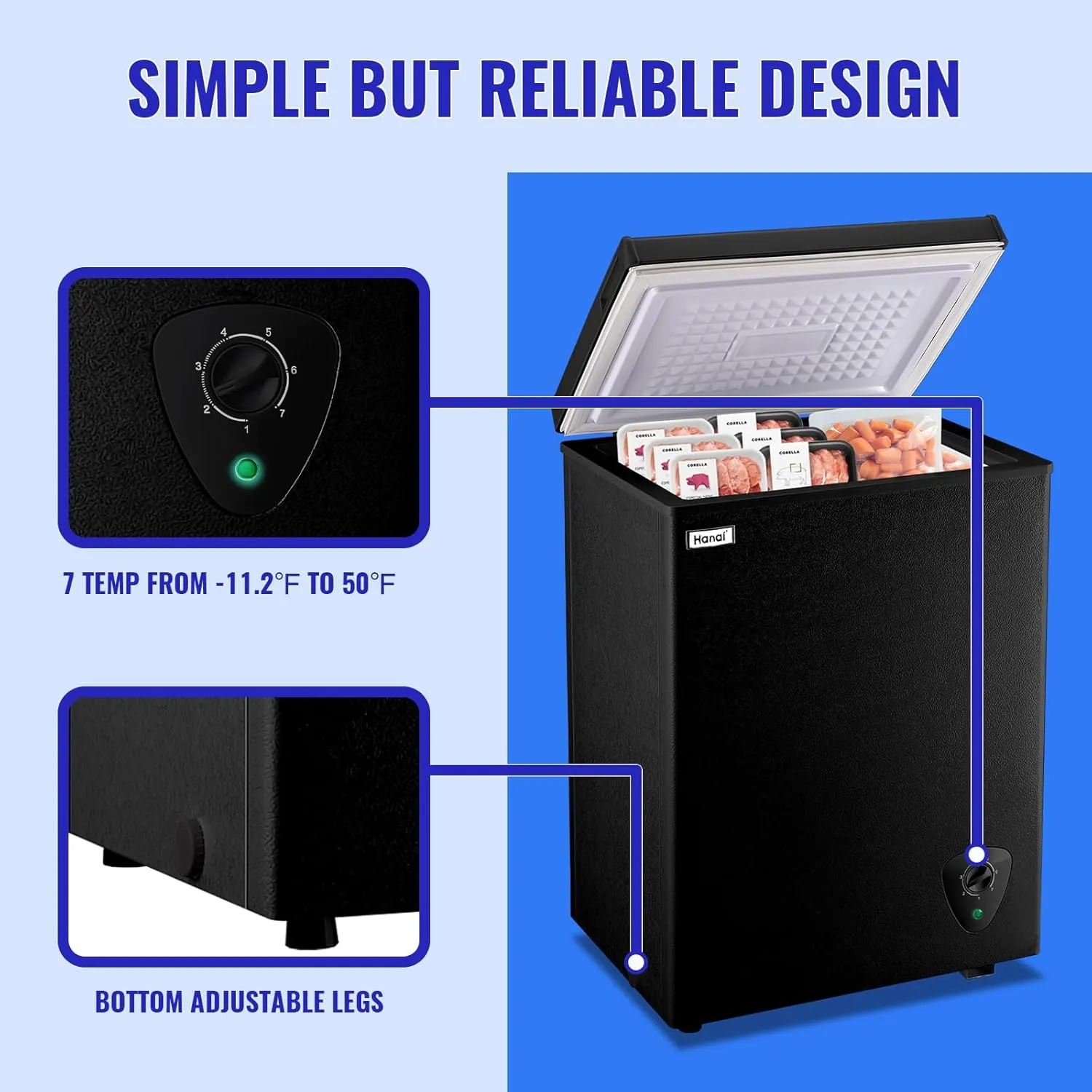 WANAI Deep Freezer Black Small Chest Freezers with Storage Basket Top Open Door Mini Compact Freezer 7 Temperature Control for Home Garage Apartment Kitchen Office
