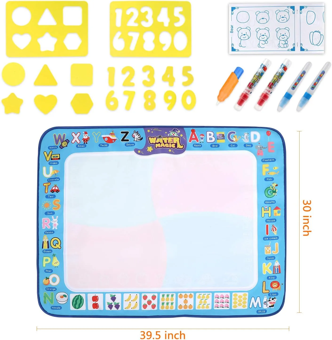 Water Doodle Mat, Kids Painting Writing Doodle Toy Mat, 39.5''x30'' Color Doodle Drawing Mat Bring Magic Pens Educational Toys for Girls Boys Gift (5 Water_Pens 1 Set of Prints) — 1PCS