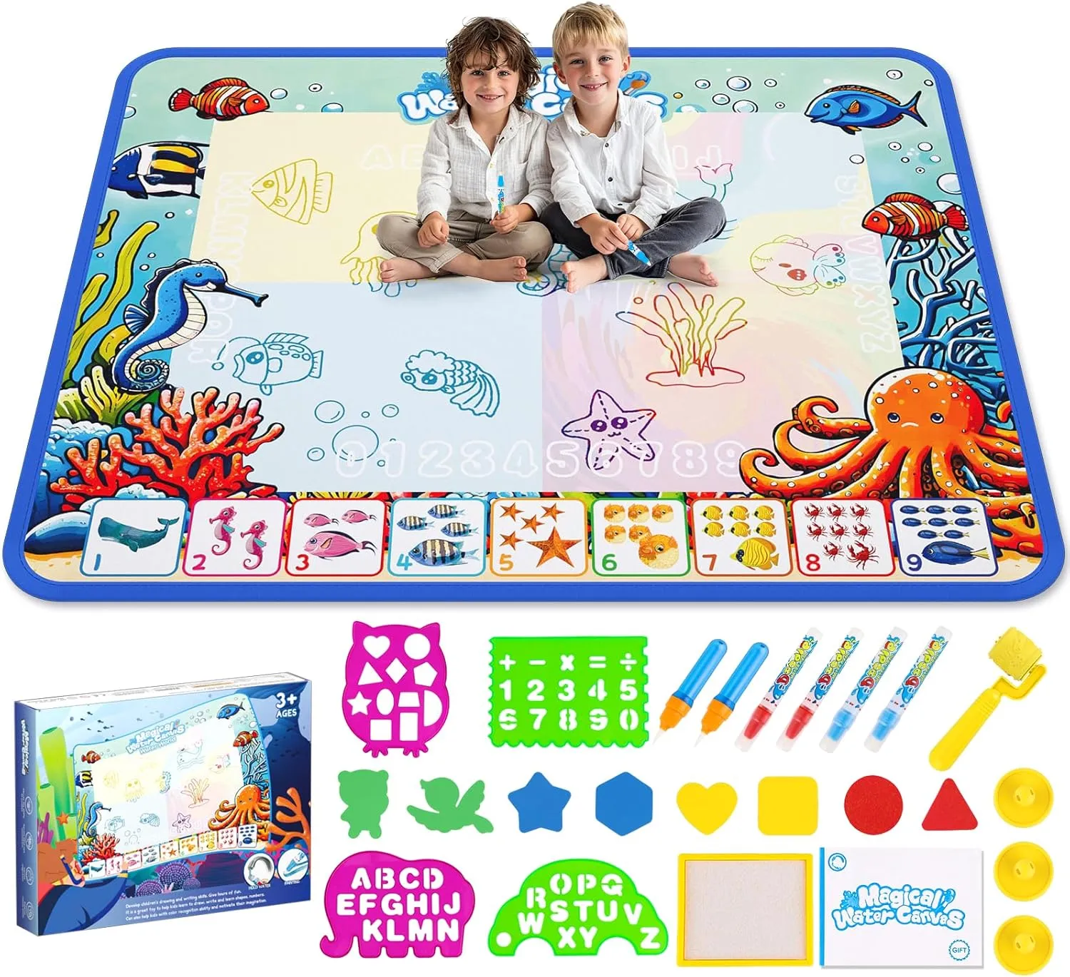 Water Doodle Mat,Kids Painting Mat, Toddlers Drawing Writing Toys,Reusable Coloring Mat, Birthday Christmas Gifts for 3 4 5 6 7 8 Years Old Boys Girls, 40 x 32 Inches