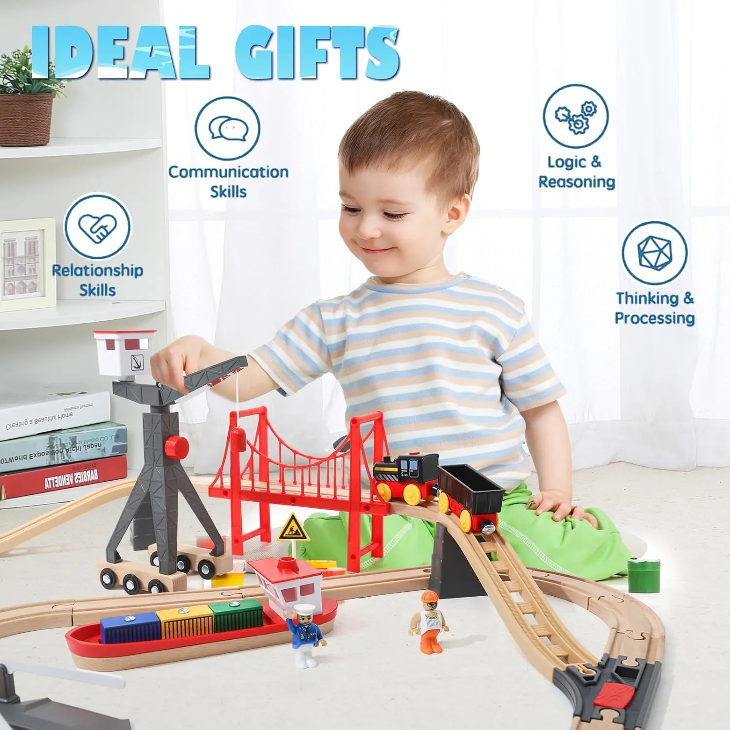 Wdmiya Wooden Train Set for Toddlers, 57 Pcs Wooden Train Track for Kids, Train Toy with Bridge and Tracks (Fits Thomas & Brio), Birthday Trains Gift for 2 3 4 5 6 7 8 Years Old (Harbor)